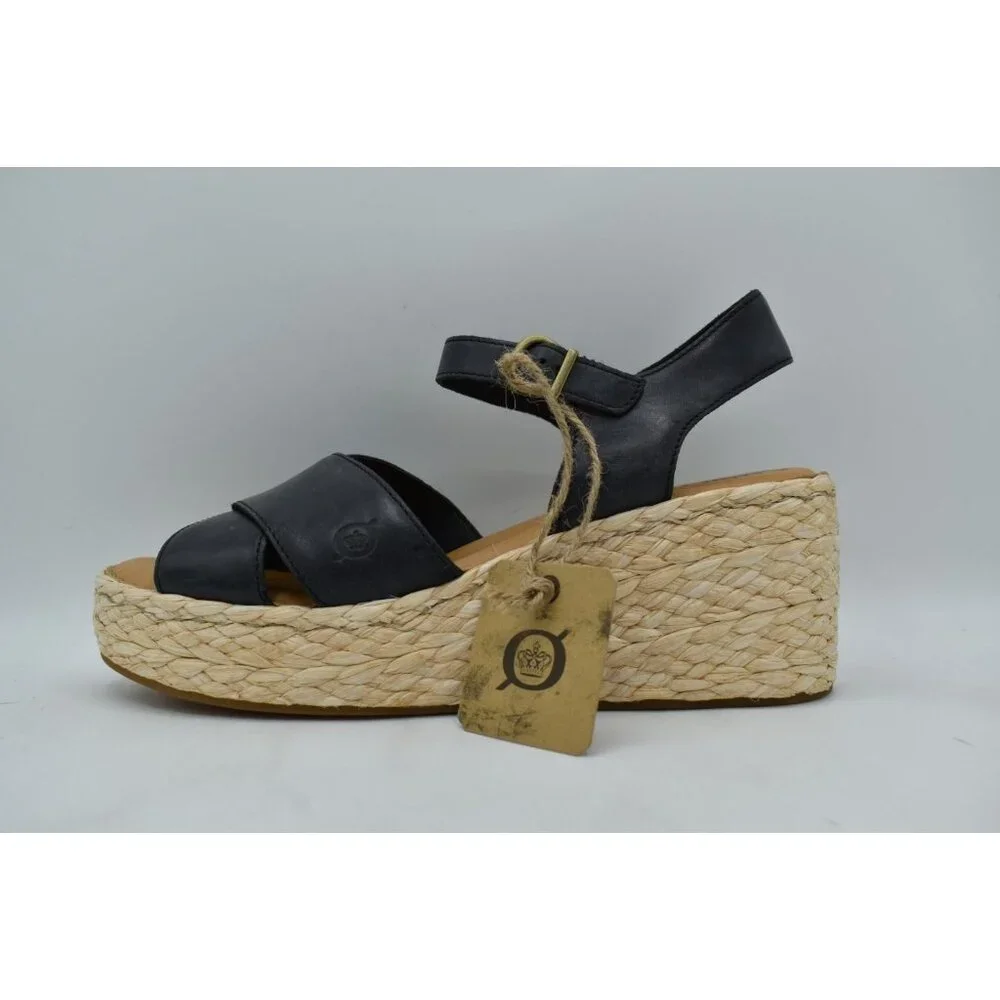 Born Women 10 Moriah Black Full Grain Leather Espadrilles Platform Wedge Sandals